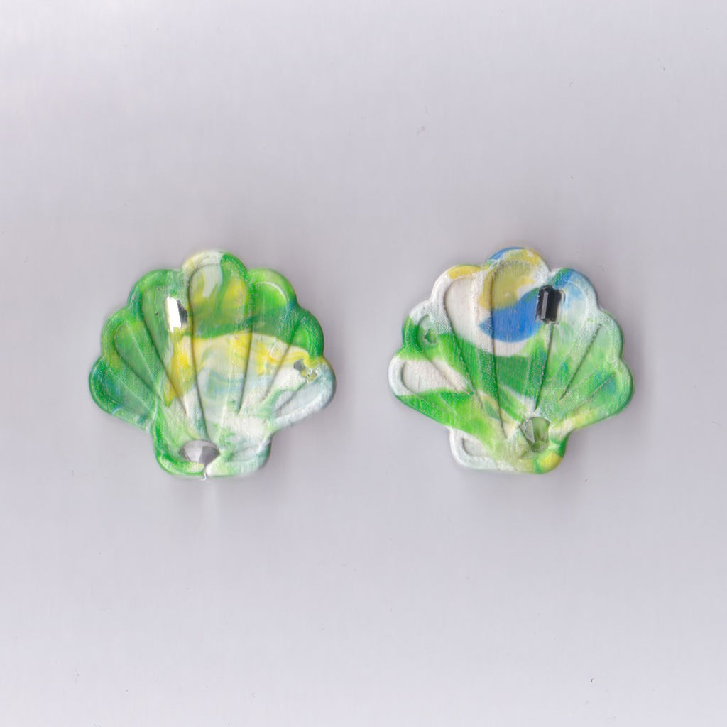 Green and white marble pattern plastic stud earrings with Swarovski crystals.
